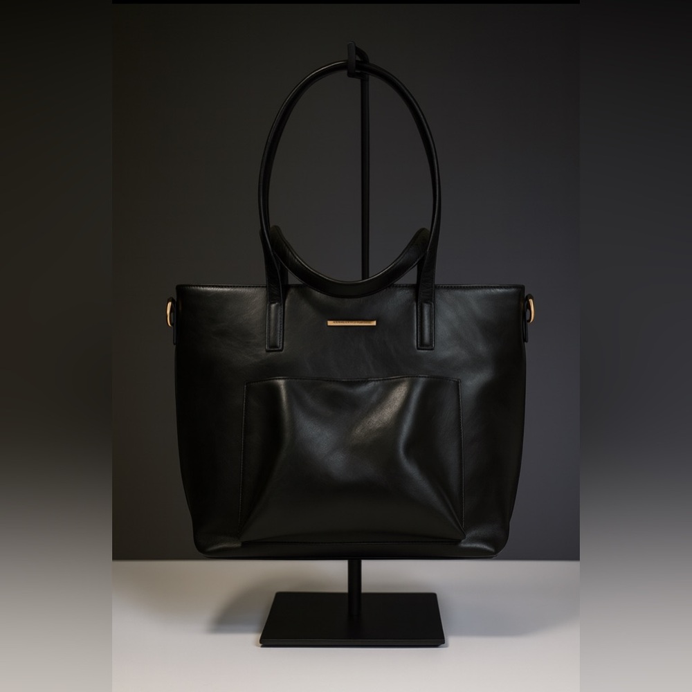 Ella Dane Women's Sleek Black Large Shiny Leather Classic Shoulder Tote Bag Mini - Picture 1 of 6